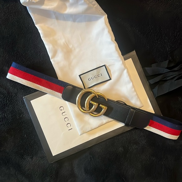 Authentic Gucci Web Canvas (Red/White/Navy) & Leather (Black) w/Gold GG Belt - Picture 1 of 4